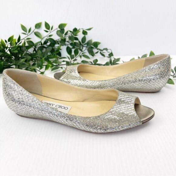 JIMMY CHOO Beck  Champagne Canvas MetallicPeep Toe Flats 7.5 - Picture 1 of 8